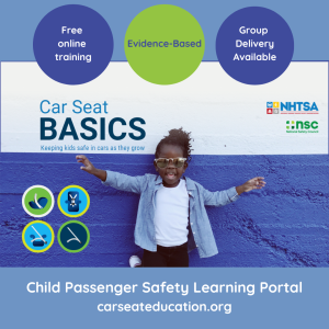 This is a social media tile. The image here is used to promote Car Seat Basics as a free online learning option.