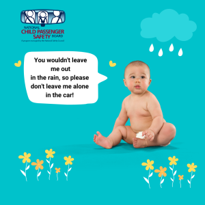 This is a social media tile. A baby is depicted here with a simple safety message that is used to promote free online training: Children in Hot Cars.
