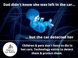 A child left in a hot car is depicted in this image, but technology in the car detected her presence. And she was not a victim of pediatric vehicular heatstroke.