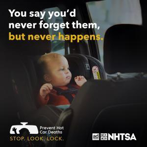 This is a graphic illustration with a child heatstroke safety message.