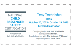 The is a graphic illustration of what a Child Passenger Safety Technician card looks like.