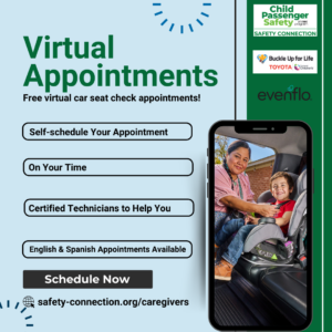 Social Media Library: This graphic is used to promote free online car seat check appointments through the Safety Connection website.