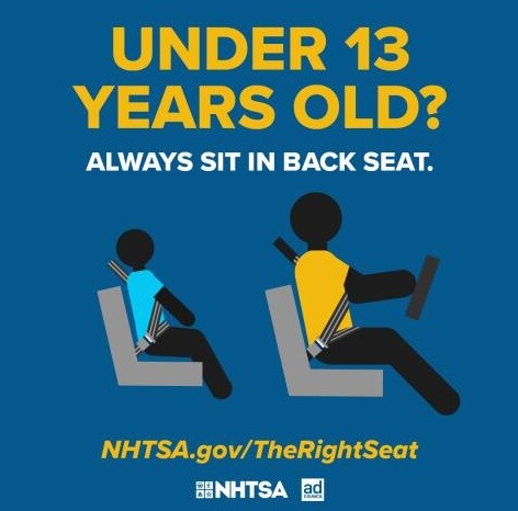 This is a graphic from the National Highway Traffic Safety Administration promoting child passenger safety. Children under 13 years should always ride in the back seat.