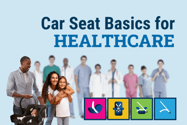 This photo illustration features healthcare providers lined up and is used to promote Car Seat Basics for Healthcare.